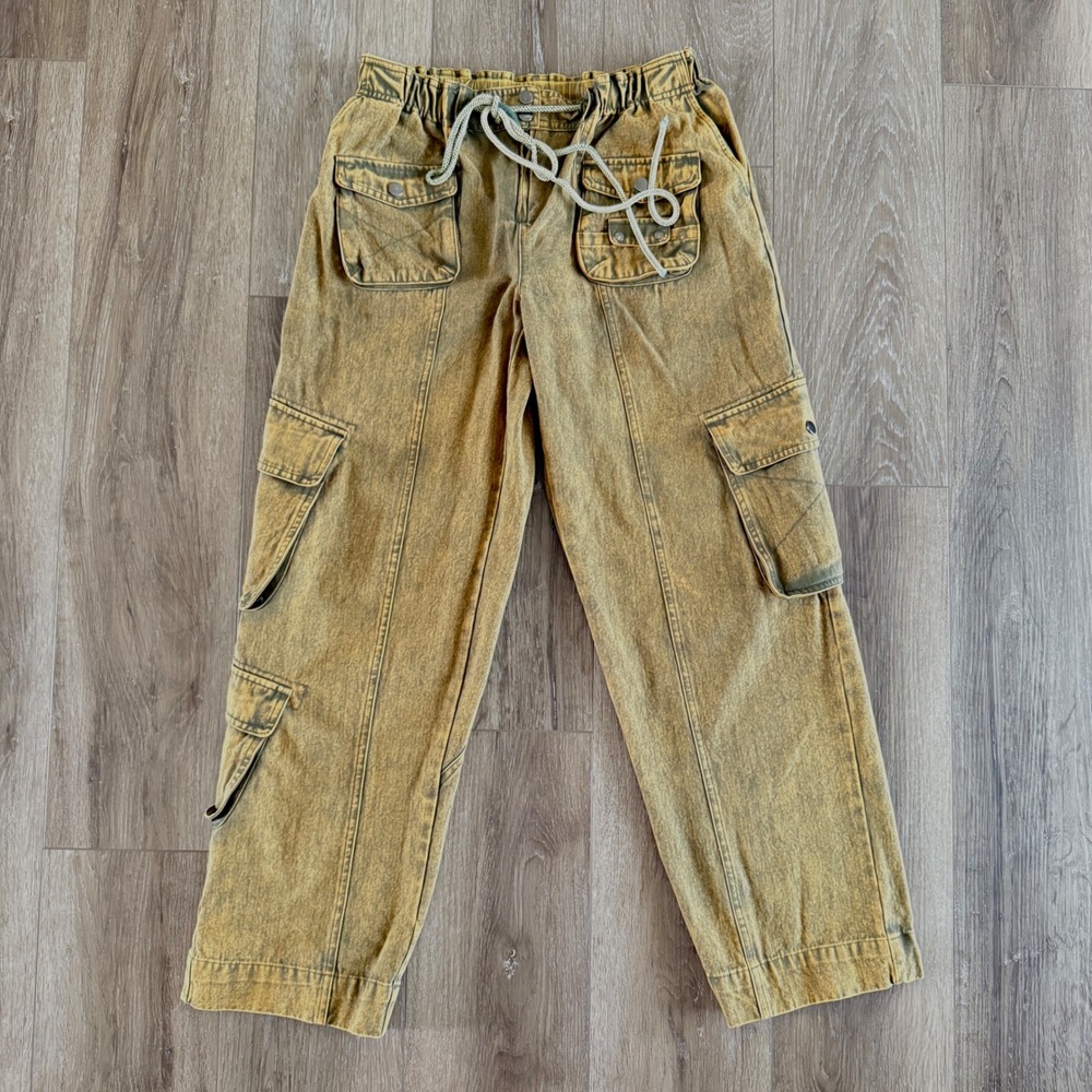 Oli & Hali Womens Acid Wash Cargo Pants Mustard Yellow Herringbone M